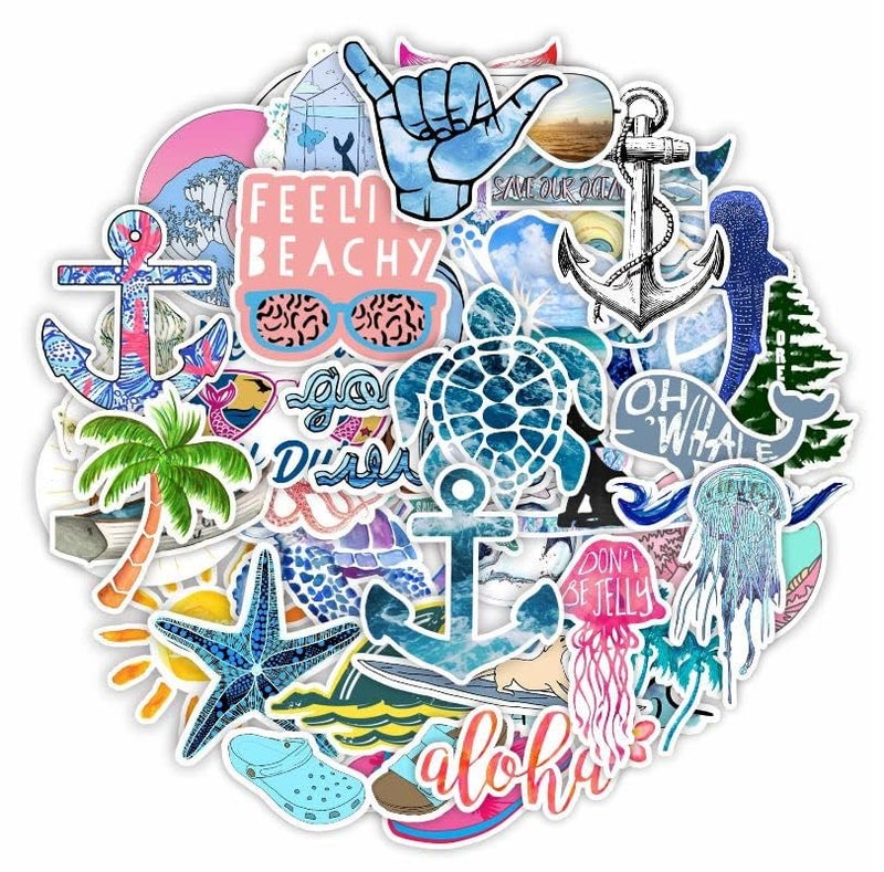 Incholl 50 Pcs Sea Stickers Vacation Decals for Water Bottle Laptop Luggage Car Bike Bicycle Waterproof Vinyl Beach Surfing Stickers Pack - Image 2